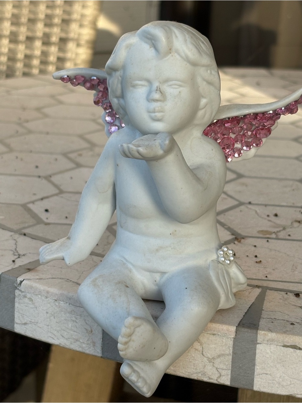 White Cherub Angel Figurine shelf-sitter with Pink Gem Wings